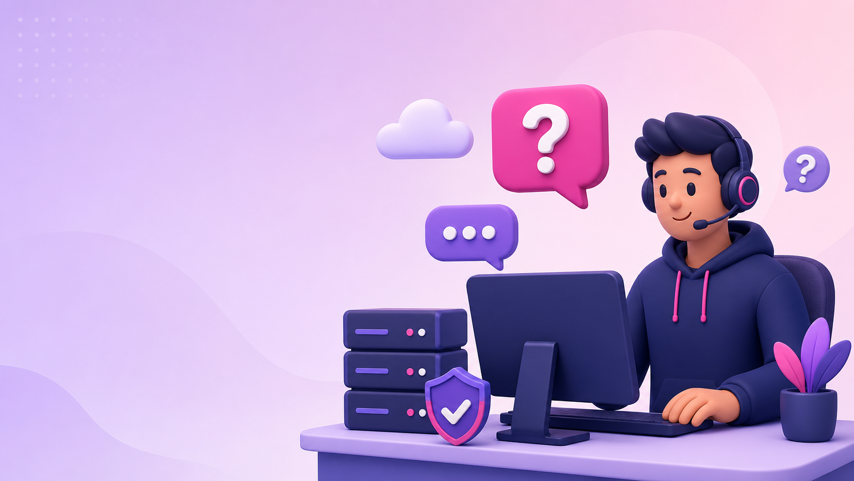 Illustration of a friendly hosting support engineer with server and security symbols