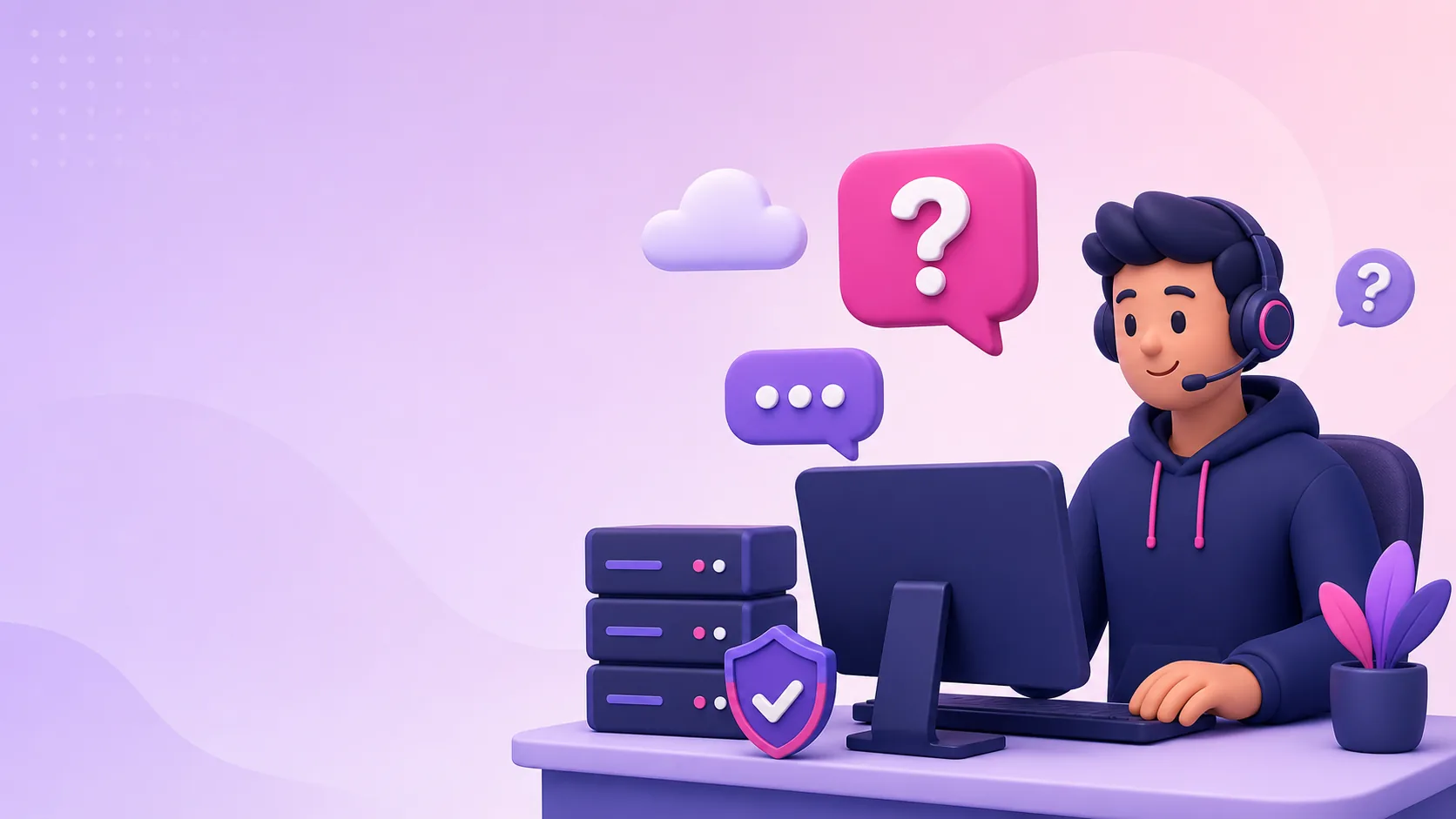 Illustration of a friendly hosting support engineer with server and security symbols